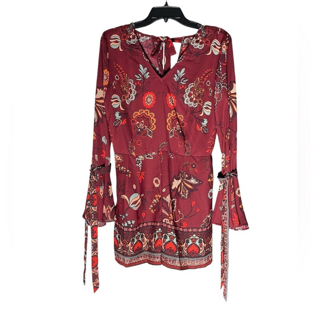 Takara Romper Womens Medium Maroon Red Floral Print Long Bell Tied Sleeve NWT